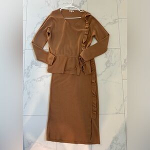 Brown Ruffle-Trim Knit Skirt Set